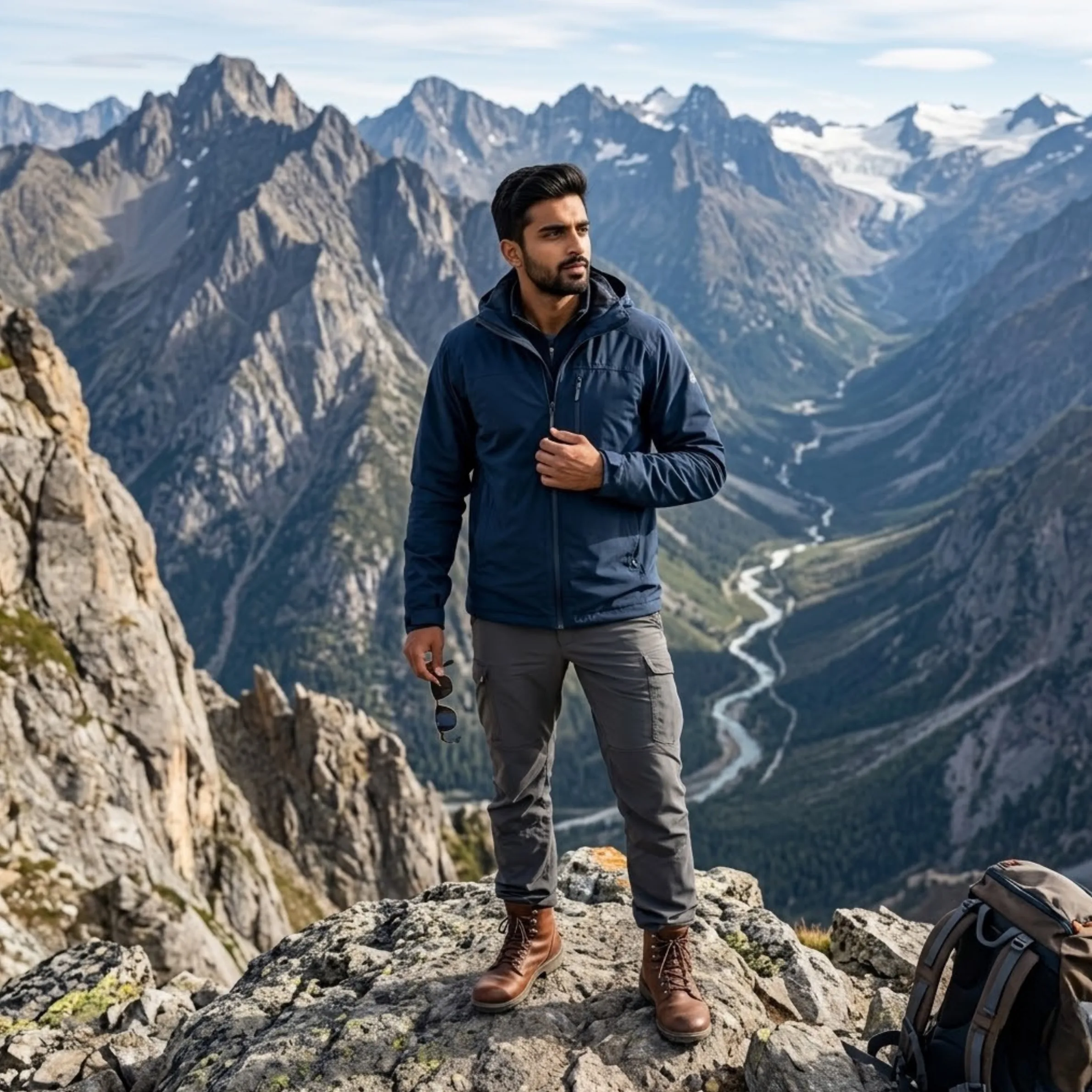 Prompt 3 epic mountain explorer male lifestyle portrait with rugged peaks
